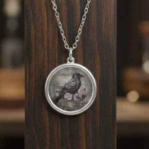 Dark Academia Vintage Raven Pink Rose Silver Plated Necklace