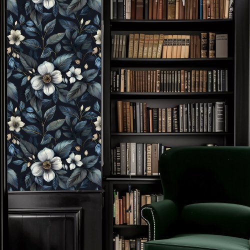 Dark Academia White Flowers and Blue Leaves Wallpaper