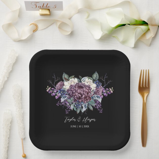 Dark Aesthetic Goth Wedding Bouquet Paper Plates (Wedding)