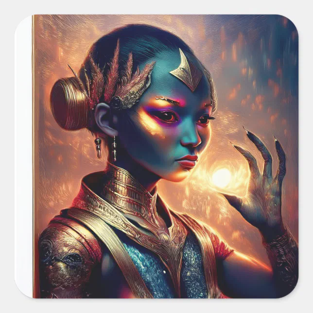 Dark Alien Princess Poses With Fiery Background Square Sticker | Zazzle