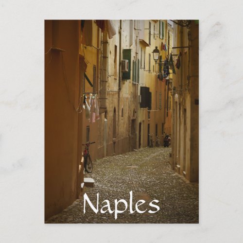 Dark alley in Naples Italy text postcard