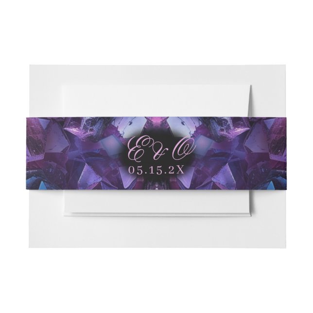 Dark Amethyst Boho Witch Crystals Black Wedding Invitation Belly Band (Front Example)