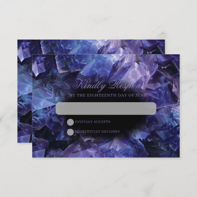 Dark Amethyst Boho Witch Crystals Black Wedding RSVP Card (Front/Back)