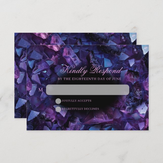 Dark Amethyst Boho Witch Crystals Black Wedding RSVP Card (Front/Back)