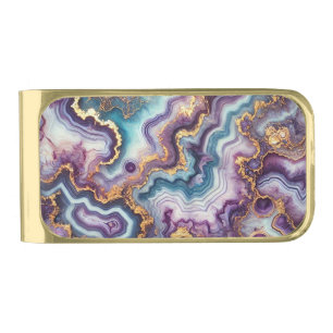 Dark Amethyst Purple Teal Blue Gold Marble Pattern Finish Money Clip