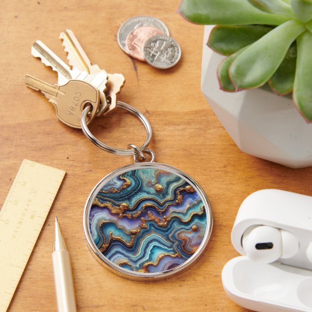 Dark Amethyst Purple Teal Blue Gold Marble Pattern Keychain (Desk)