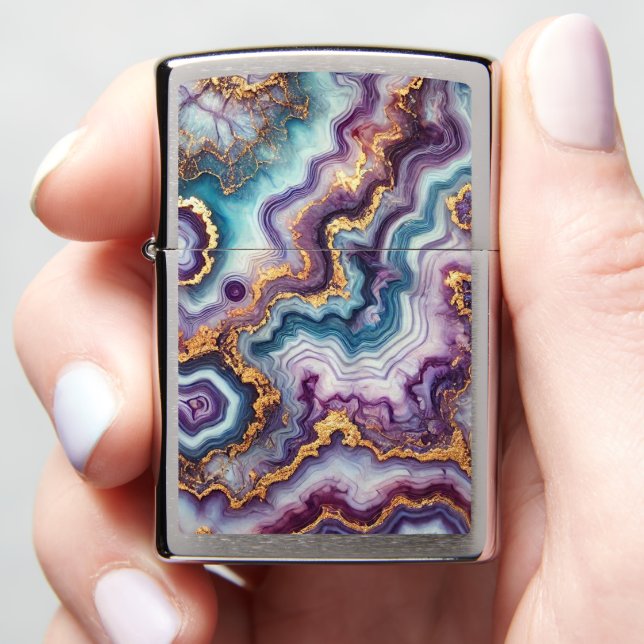 Dark Amethyst Purple Teal Blue Gold Marble Pattern Zippo Lighter (In Hand)