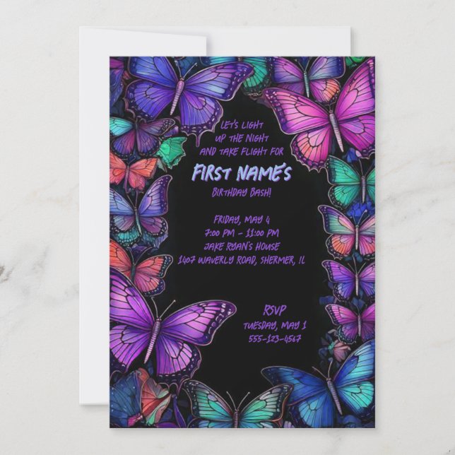 Dark Amethyst Wings Birthday Invite (Front)