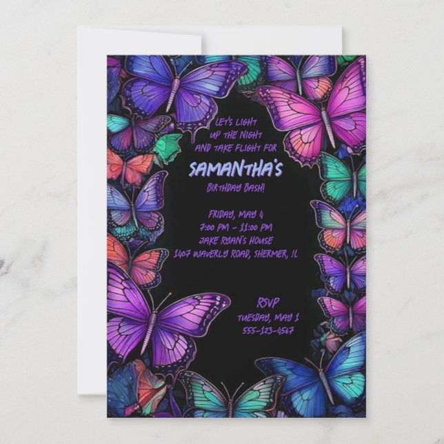 Dark Amethyst Wings Birthday Invite (Front)