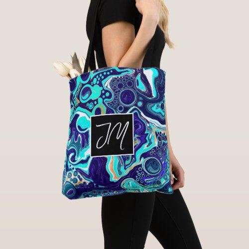 Dark and Aqua Blue Marble Fluid Art Personalized   Tote Bag