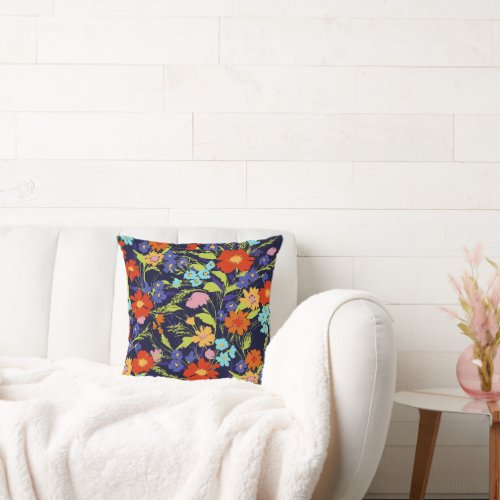 Dark and Colorful Painterly Wildflower Bouquet Throw Pillow