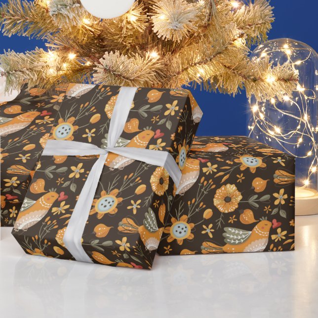 Dark and Cozy Cute Bird Floral Botanical Wrapping Paper (Holidays)