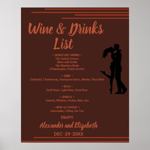 Dark and Earthy Drinks list Bridal Wedding Poster