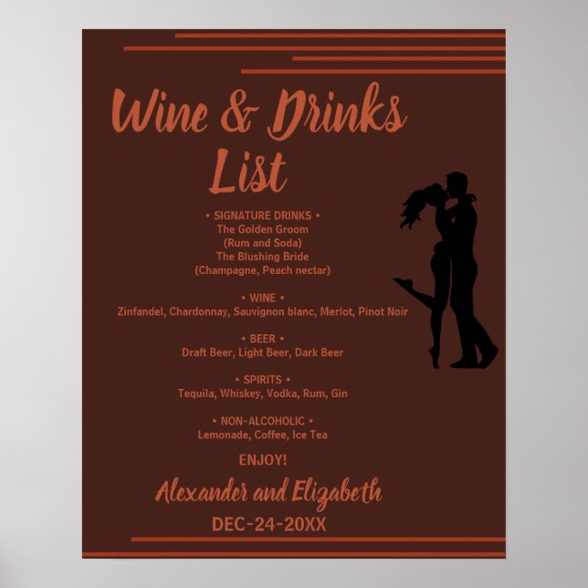 Dark and Earthy Drinks list Bridal Wedding Poster (Front)