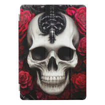 Skulls crowns and faded red roses on a dark black wrapping paper