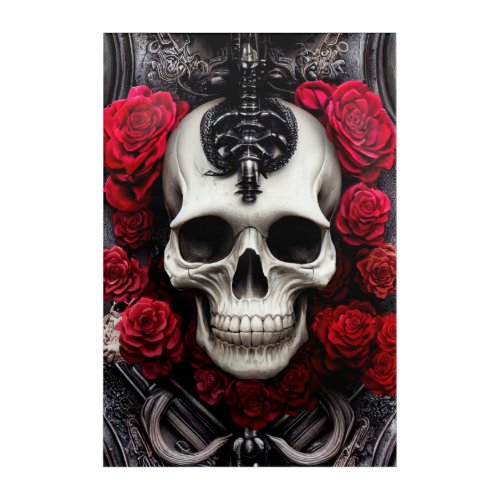 Dark and Gothic Skull and Roses Murial Acrylic Pri Acrylic Print
