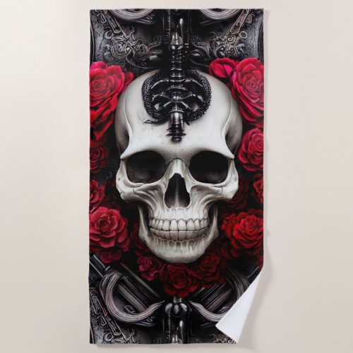 Dark and Gothic Skull and Roses Murial Beach Towel