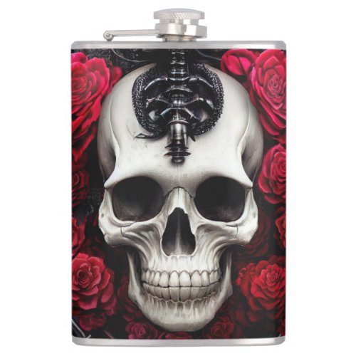 Dark and Gothic Skull and Roses Murial Flask