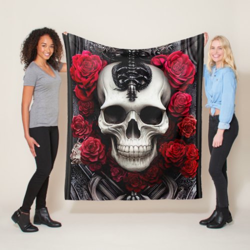 Dark and Gothic Skull and Roses Murial Fleece Blanket