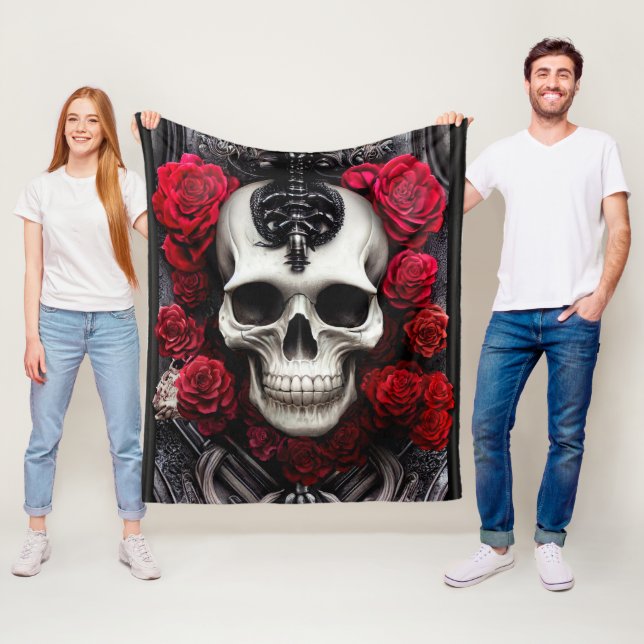 Dark and Gothic Skull and Roses Murial Fleece Blanket (In Situ)