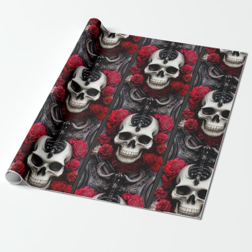 Dark and Gothic Skull and Roses Murial Wrapping Paper