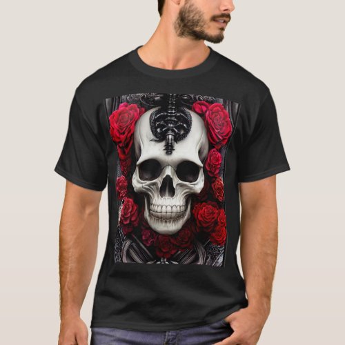 Dark and Gothic Skull and Roses T_Shirt