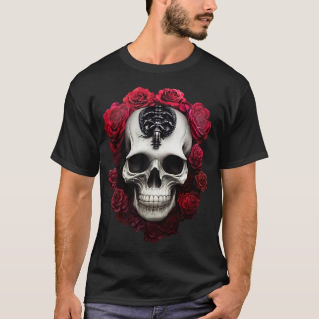 Dark and Gothic Skull and Roses T-Shirt (Front)
