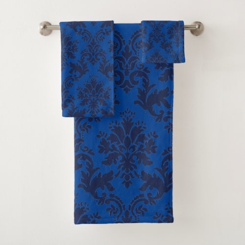 Dark and light blue damask pattern bath towel set