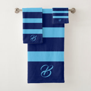 Dark and Light Blue Stripes Monogram Bath Towel