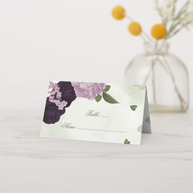 dark and light purple flowers greenery place card (Front)