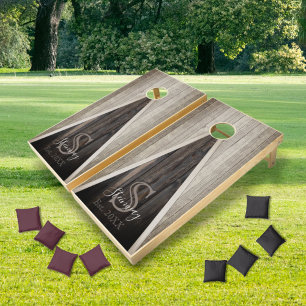 Dark and Light Rustic Wood Tone Monogram Triangle Cornhole Set