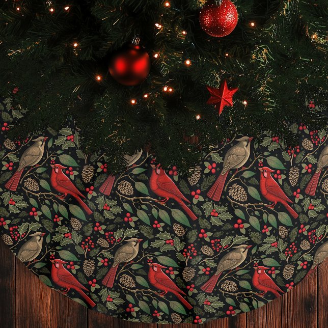 Dark and Moody Christmas Cardinals Faux Linen Tree Skirt (Creator Uploaded)