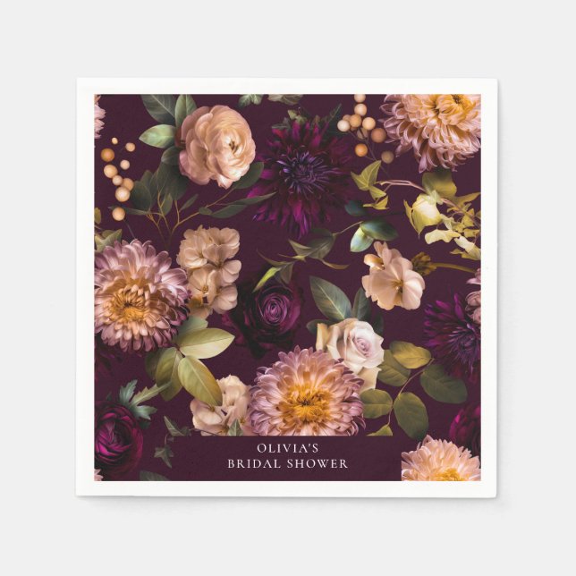 Dark and Moody Dramatic Floral Bridal Shower  Napkins (Front)