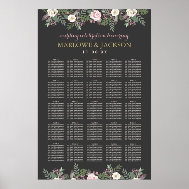 Dark and Moody Floral Boho Wedding Seating Poster (Front)