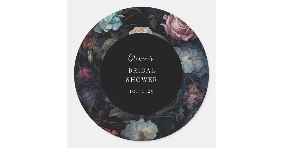Dark and Moody Floral Gothic Bridal Shower Classic Round Sticker | Zazzle