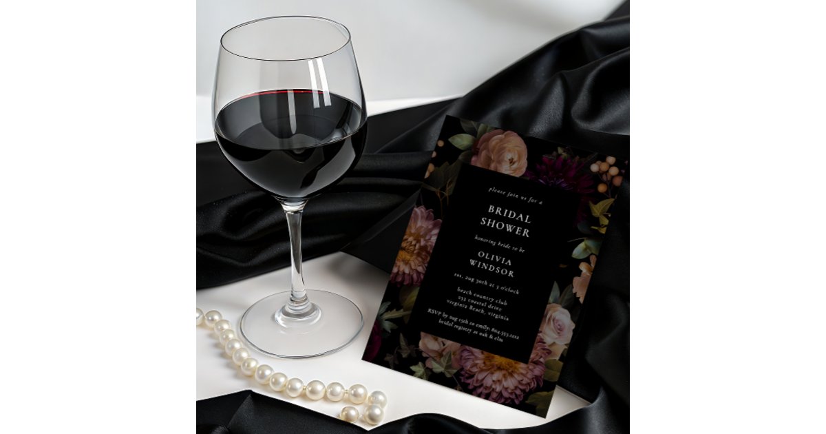 Dark and Moody Gothic Black Floral Bridal Shower Invitation | Zazzle