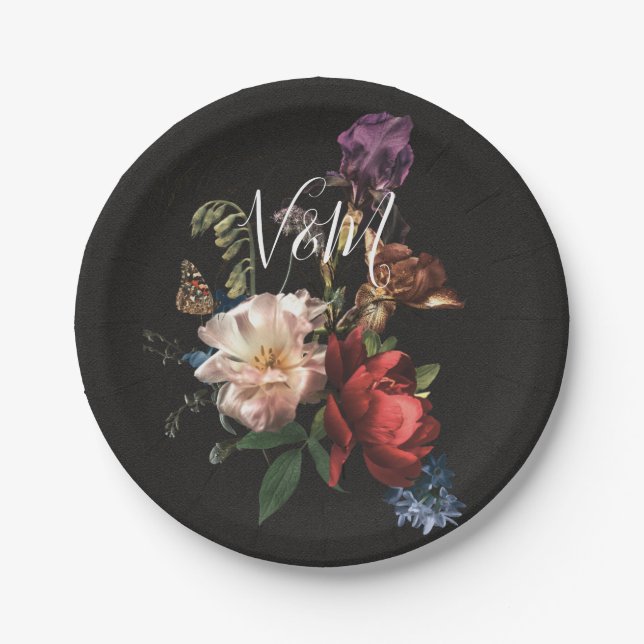 Dark and Moody Rembrandt Floral Paper Plates (Front)
