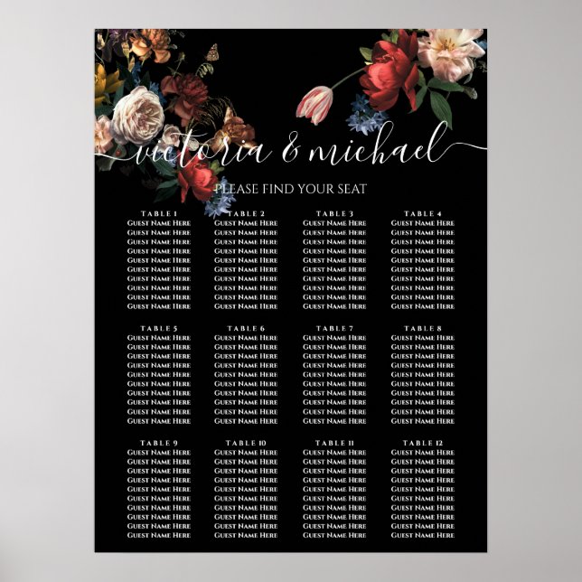 Dark and Moody Rembrandt Floral Seating Chart (Front)