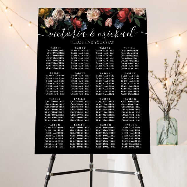 Dark and Moody Rembrandt Floral Seating Chart 16  Foam Board (In Situ (Stand))