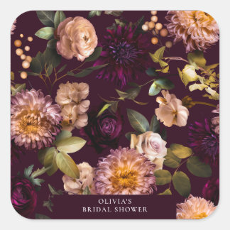 Dark and Moody Romantic Burgundy Bridal Shower Square Sticker
