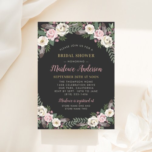 Dark and Moody Rose Pink Floral Boho Bridal Shower Invitation