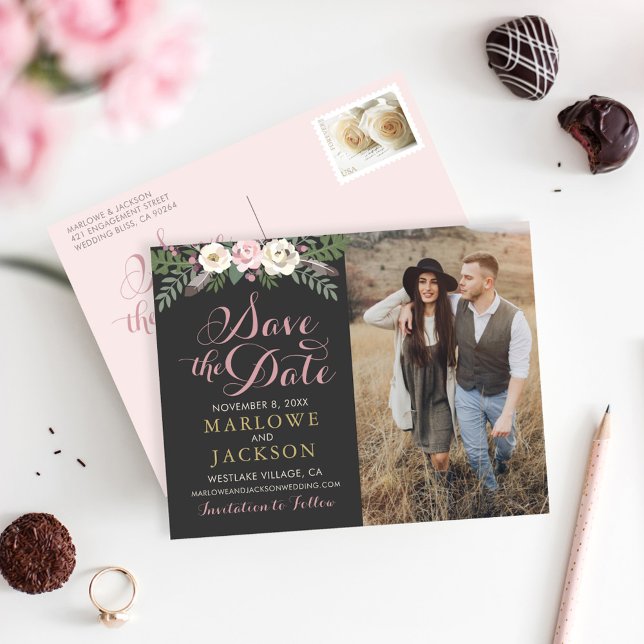 Dark and Moody Rose Pink Floral Boho Wedding Announcement Postcard (Creator Uploaded)
