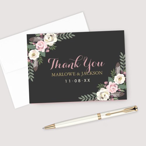 Dark and Moody Rose Pink Floral Boho Wedding Thank You Card