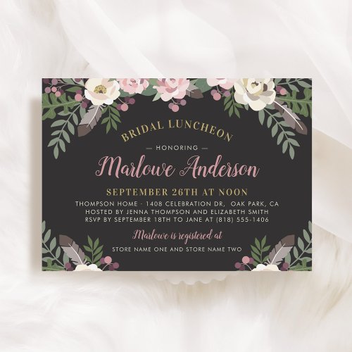 Dark and Moody Rose Pink Floral Bridal Luncheon Invitation