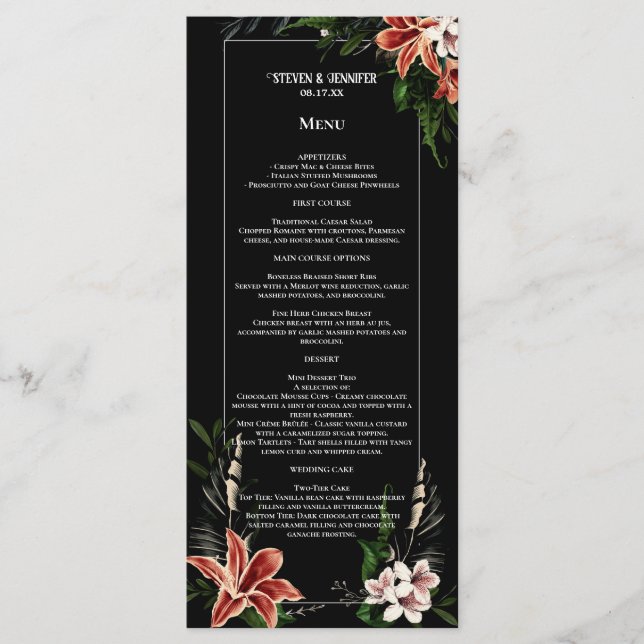 Dark and Moody Wedding Menu Botanical Vintage Goth (Front)