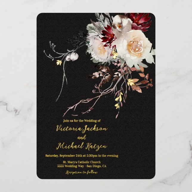 Dark and Moody Winter Floral Foi Wedding Foil Invitation (Front)