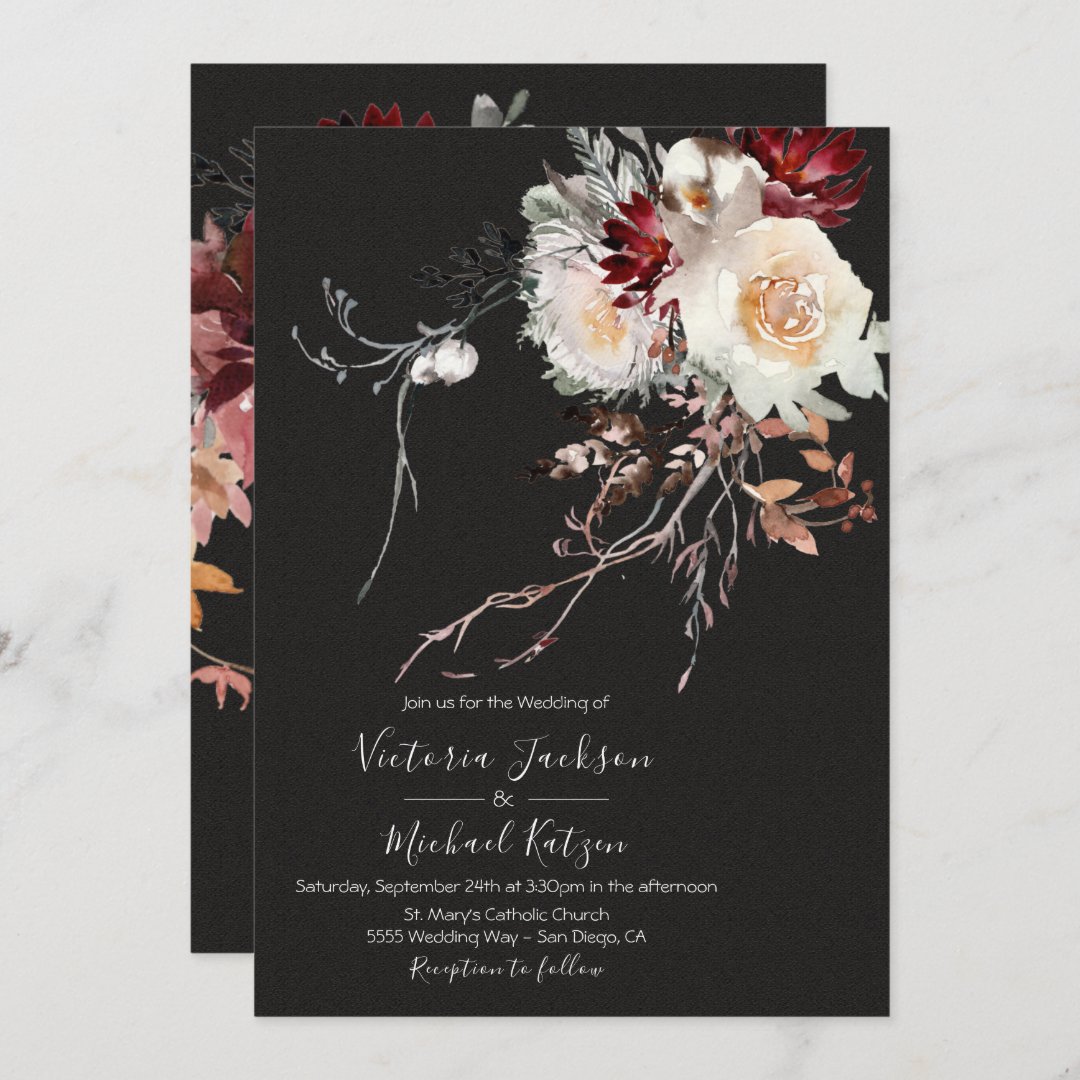 Dark And Moody Winter Floral Wedding Invitation Zazzle