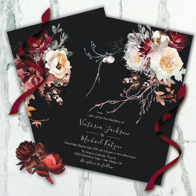 Dark and Moody Winter Floral Wedding Invitation