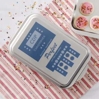 Dark and pale blue initials name circle shapes cake pan