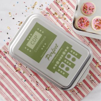 Dark and pale green initials name circle shapes cake pan